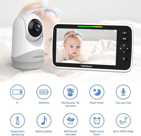 شاشة HelloBaby مع الكاميرا والصوت، وشاشة 5 بوصة مع بث فيديو لمدة 16 ساعة، وكاميرا تكبير عن بعد قابلة للإمالة، ومحادثة ثنائية الاتجاه، ووضع VOX، ورؤية ليلية تلقائية، نطاق يصل إلى 960 قدمًا ولا يوجد WiFi in Kuwait