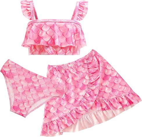 Girls Mermaid Swimsuit 3 Piece Bathing Suits, Adjustable Ruffled Bikini Top, with Cover up Skirt Fish Scale Design for 3-10Y in Saudi Arabia