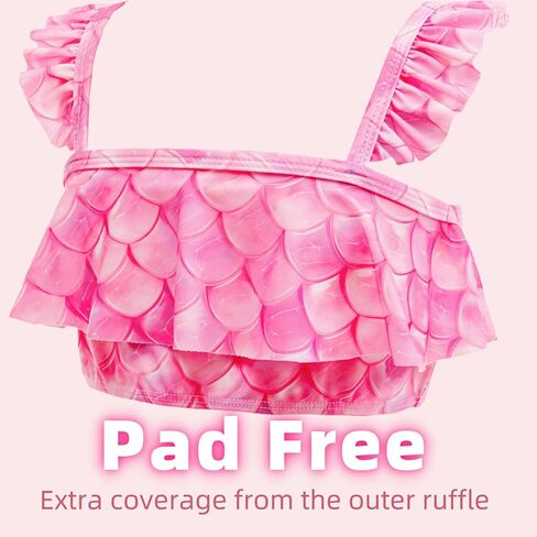 Girls Mermaid Swimsuit 3 Piece Bathing Suits, Adjustable Ruffled Bikini Top, with Cover up Skirt Fish Scale Design for 3-10Y in Saudi Arabia