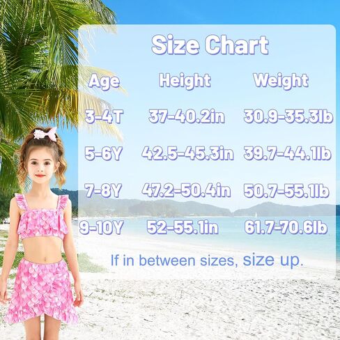 Girls Mermaid Swimsuit 3 Piece Bathing Suits, Adjustable Ruffled Bikini Top, with Cover up Skirt Fish Scale Design for 3-10Y in Saudi Arabia