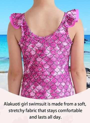 Girls One Piece Swimsuits Quick Dry Toddler Bathing Suits Cute Ruffled Round Neck Beach Swimwear 3-10 Years in Saudi Arabia
