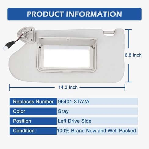 Left Driver Side Sun Visor for Nissan Altima 2013 2014 2015 2016 2017 2018 with Mirror and Vanity Light Without Sunroof Replaces# 96401-3TA2A in Saudi Arabia