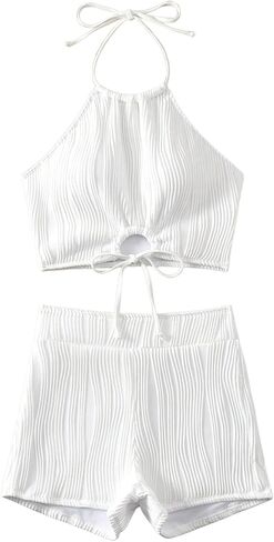 SweatyRocks Women's Textured Halter Tankini Swimsuit Cut Out Shorts Bathing Suit Swimwear in Saudi Arabia