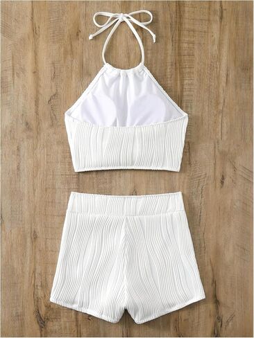 SweatyRocks Women's Textured Halter Tankini Swimsuit Cut Out Shorts Bathing Suit Swimwear in Saudi Arabia