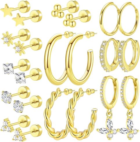 11/12/13 أزواج و 19 PCS 14K أقراط مطلية بالذهب مجموعة متعددة أنماط تشيك ستار النجوم المثلث المثلث الشمس in Saudi Arabia