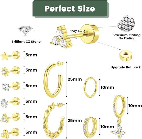 11/12/13 أزواج و 19 PCS 14K أقراط مطلية بالذهب مجموعة متعددة أنماط تشيك ستار النجوم المثلث المثلث الشمس in Saudi Arabia