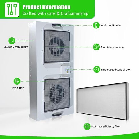 JJFFTAO، غطاء التدفق الصفحي لمرشح HEPA H14، وحدة مرشح المروحة المحدثة (يتضمن فلتر HEPA) 100/ISO فئة 5 غرفة الأبحاث/المختبر/غرفة الأبحاث/غرفة الفطر، غطاء تدفق الهواء الصفحي (46.2 بوصة × 22.6 بوصة 110 فولت) in Kuwait