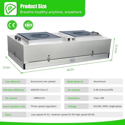 JJFFTAO، غطاء التدفق الصفحي لمرشح HEPA H14، وحدة مرشح المروحة المحدثة (يتضمن فلتر HEPA) 100/ISO فئة 5 غرفة الأبحاث/المختبر/غرفة الأبحاث/غرفة الفطر، غطاء تدفق الهواء الصفحي (46.2 بوصة × 22.6 بوصة 110 فولت) in Kuwait