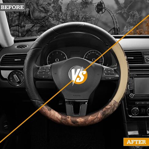 Mossy Oak Full Camo Steering Wheel Cover - Made from Premium Leather, Universal Fit for 14 1/2 to 15 inches - Official Licensed Product - Black Color in Saudi Arabia
