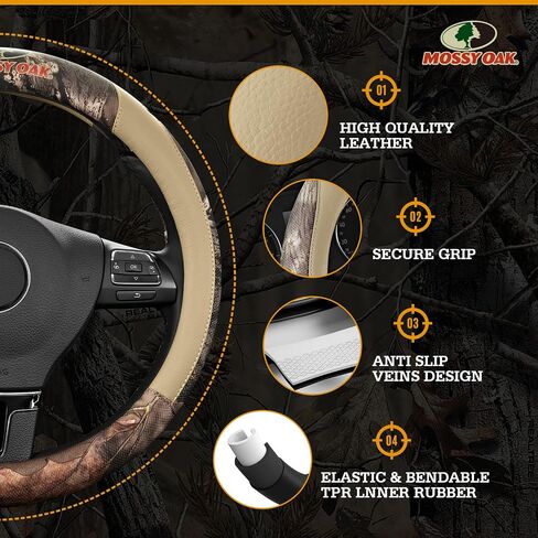 Mossy Oak Full Camo Steering Wheel Cover - Made from Premium Leather, Universal Fit for 14 1/2 to 15 inches - Official Licensed Product - Black Color in Saudi Arabia