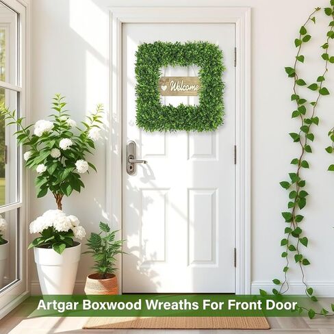 Artgar 20Inch Boxwood Wreath, Spring Wreaths for Front Door, Realistic Green Square Boxwood Wreath for Year-Round Decor, Artificial Summer Wreaths for Wedding Farmhouse Indoor/Outdoor Porch Decor in Kuwait