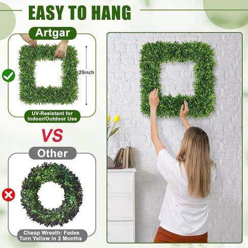 Artgar 20Inch Boxwood Wreath, Spring Wreaths for Front Door, Realistic Green Square Boxwood Wreath for Year-Round Decor, Artificial Summer Wreaths for Wedding Farmhouse Indoor/Outdoor Porch Decor in Kuwait