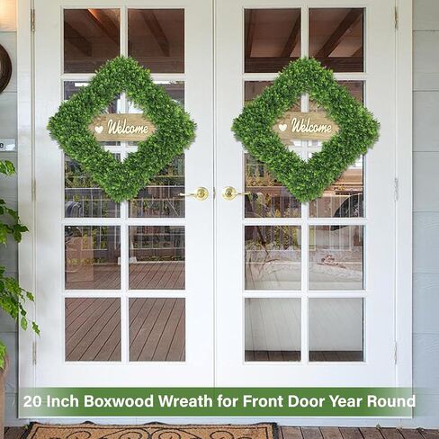 Artgar 20Inch Boxwood Wreath, Spring Wreaths for Front Door, Realistic Green Square Boxwood Wreath for Year-Round Decor, Artificial Summer Wreaths for Wedding Farmhouse Indoor/Outdoor Porch Decor in Kuwait