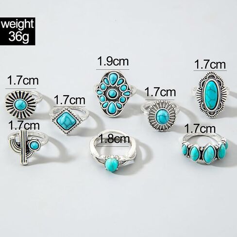 حلقة البوهيمية الفيروزية مجموعة للنساء عتيقة بيضاوي زهرة الصبار دمعة Midi حلقة chunky حلقات مفصل القابلة للتكديس مجموعة الأسلوب العرقي الفيروز البيان الغربي الحلقة الفضة بوهو المجوهرات in Kuwait