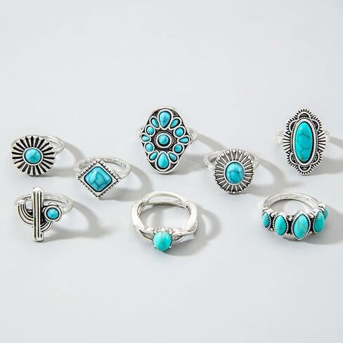 حلقة البوهيمية الفيروزية مجموعة للنساء عتيقة بيضاوي زهرة الصبار دمعة Midi حلقة chunky حلقات مفصل القابلة للتكديس مجموعة الأسلوب العرقي الفيروز البيان الغربي الحلقة الفضة بوهو المجوهرات in Kuwait