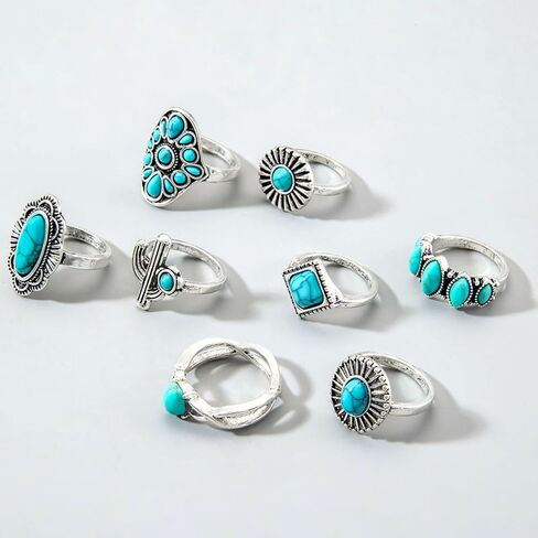 حلقة البوهيمية الفيروزية مجموعة للنساء عتيقة بيضاوي زهرة الصبار دمعة Midi حلقة chunky حلقات مفصل القابلة للتكديس مجموعة الأسلوب العرقي الفيروز البيان الغربي الحلقة الفضة بوهو المجوهرات in Kuwait