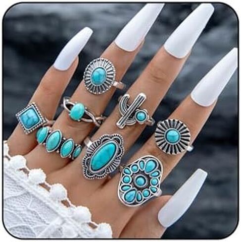 حلقة البوهيمية الفيروزية مجموعة للنساء عتيقة بيضاوي زهرة الصبار دمعة Midi حلقة chunky حلقات مفصل القابلة للتكديس مجموعة الأسلوب العرقي الفيروز البيان الغربي الحلقة الفضة بوهو المجوهرات in Kuwait