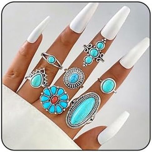 حلقة البوهيمية الفيروزية مجموعة للنساء عتيقة بيضاوي زهرة الصبار دمعة Midi حلقة chunky حلقات مفصل القابلة للتكديس مجموعة الأسلوب العرقي الفيروز البيان الغربي الحلقة الفضة بوهو المجوهرات in Kuwait