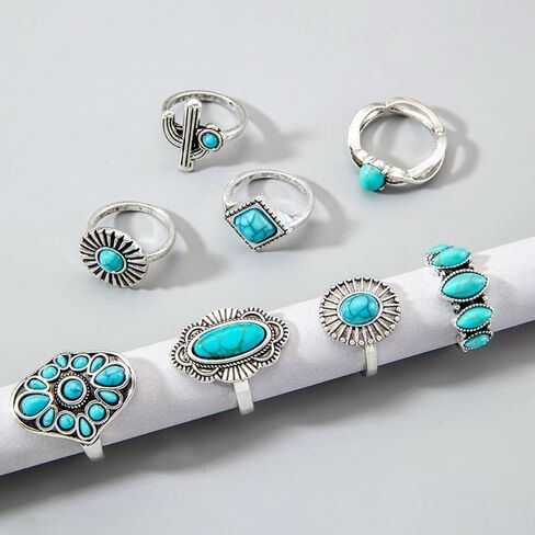 حلقة البوهيمية الفيروزية مجموعة للنساء عتيقة بيضاوي زهرة الصبار دمعة Midi حلقة chunky حلقات مفصل القابلة للتكديس مجموعة الأسلوب العرقي الفيروز البيان الغربي الحلقة الفضة بوهو المجوهرات in Kuwait