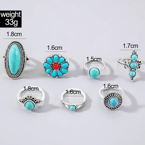 حلقة البوهيمية الفيروزية مجموعة للنساء عتيقة بيضاوي زهرة الصبار دمعة Midi حلقة chunky حلقات مفصل القابلة للتكديس مجموعة الأسلوب العرقي الفيروز البيان الغربي الحلقة الفضة بوهو المجوهرات in Kuwait