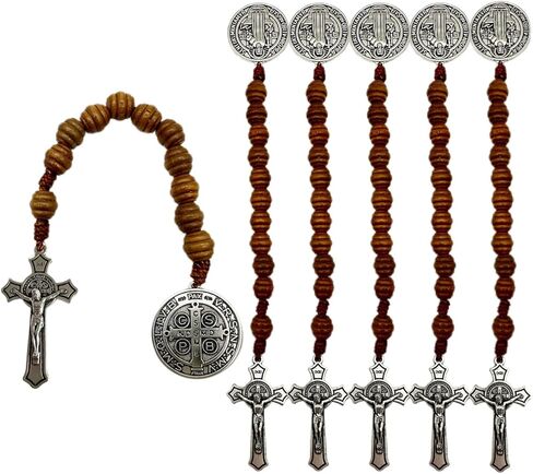 Bonitter 6 Pack Medalla de San Benitol و Crucifix ، 9 بوصات ، سانت بنديكت ميدالية صلاة الجيب الوردية الكاثوليكية حبات الخشب البني الكاثوليكي in Saudi Arabia