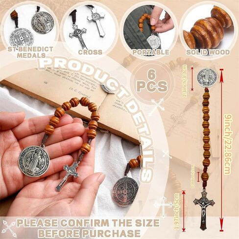 Bonitter 6 Pack Medalla de San Benitol و Crucifix ، 9 بوصات ، سانت بنديكت ميدالية صلاة الجيب الوردية الكاثوليكية حبات الخشب البني الكاثوليكي in Saudi Arabia