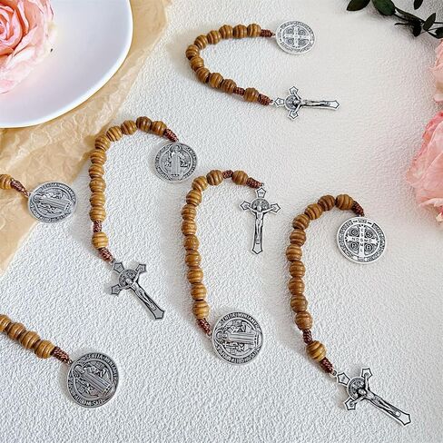 Bonitter 6 Pack Medalla de San Benitol و Crucifix ، 9 بوصات ، سانت بنديكت ميدالية صلاة الجيب الوردية الكاثوليكية حبات الخشب البني الكاثوليكي in Saudi Arabia