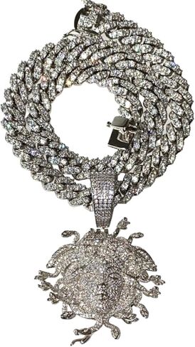 Iced Miami Cuban Chain Netclace Choker Stain 12 مم 20 بوصة ، 14K أبيض الذهب اللامسق الكوبي ، Greek God Medusa Head Pendant ، Medusa Charm ، Niced Chain Netlace in Kuwait