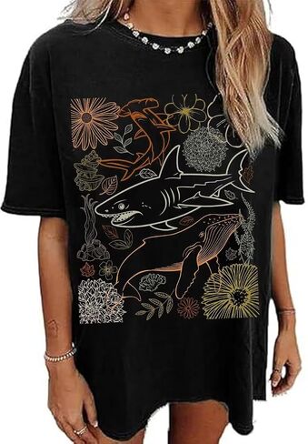 Tshirts كبيرة الحجم قمم لطيفة للنساء Shark Flower Graphic Tees Tops Summer Summer Lough Lough in Saudi Arabia