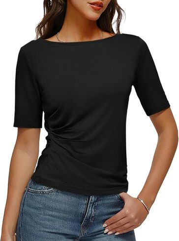 Women's Half Sleeve Boat Neck Shirts Ruched Side Slim Fit Basic Casual T Shirts Summer Casual Tee Tops in Saudi Arabia