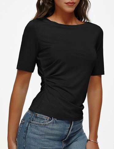 Women's Half Sleeve Boat Neck Shirts Ruched Side Slim Fit Basic Casual T Shirts Summer Casual Tee Tops in Saudi Arabia