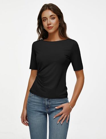 Women's Half Sleeve Boat Neck Shirts Ruched Side Slim Fit Basic Casual T Shirts Summer Casual Tee Tops in Saudi Arabia