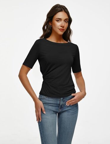 Women's Half Sleeve Boat Neck Shirts Ruched Side Slim Fit Basic Casual T Shirts Summer Casual Tee Tops in Saudi Arabia