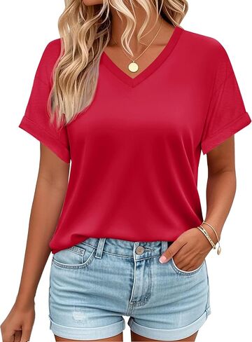 YUCOLEN Womens Short Sleeve V-Neck Shirts UPF 50+ Beach Vacation Casual Summer Loose Fit Tops 2025 in Saudi Arabia
