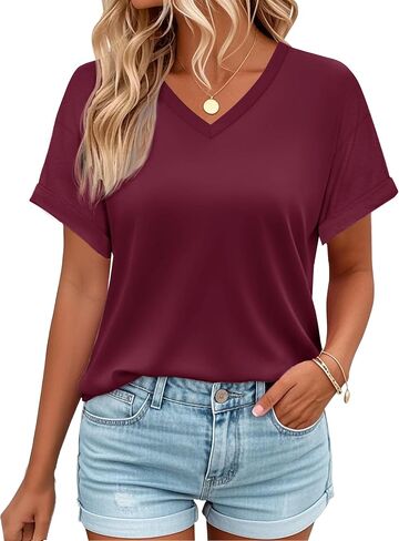 YUCOLEN Womens Short Sleeve V-Neck Shirts UPF 50+ Beach Vacation Casual Summer Loose Fit Tops 2025 in Saudi Arabia