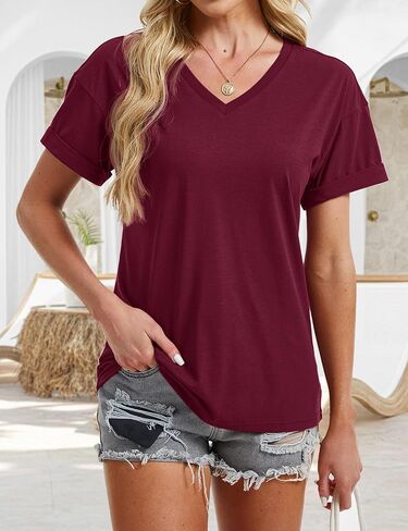 YUCOLEN Womens Short Sleeve V-Neck Shirts UPF 50+ Beach Vacation Casual Summer Loose Fit Tops 2025 in Saudi Arabia