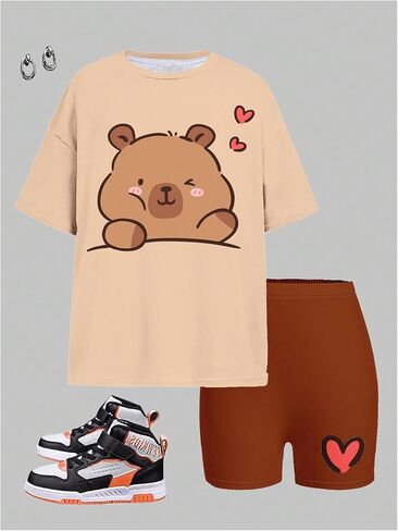 Girl's 2 Piece Cute Summer Outfits Cartoon Graphic Tees and Mini Biker Shorts Casual Set in Saudi Arabia