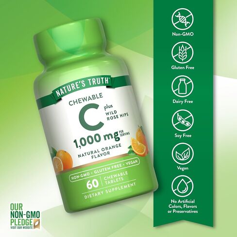 Nature's Truth Chewable Vitamin C with Rose Hips | 500 mg | 60 Tablets | Vegetarian, Non-GMO & Gluten Free Supplement. in Saudi Arabia