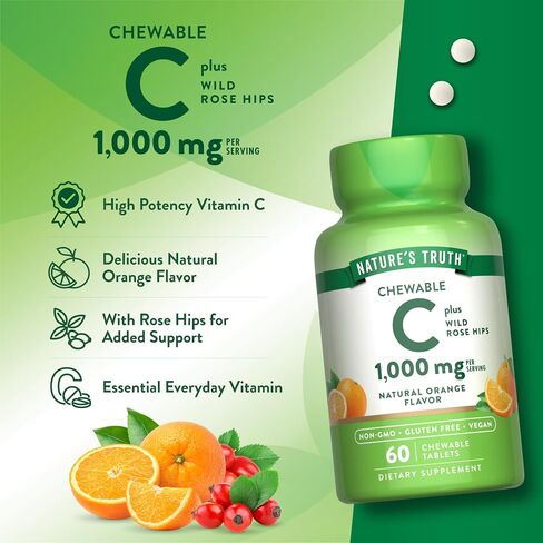 Nature's Truth Chewable Vitamin C with Rose Hips | 500 mg | 60 Tablets | Vegetarian, Non-GMO & Gluten Free Supplement. in Saudi Arabia
