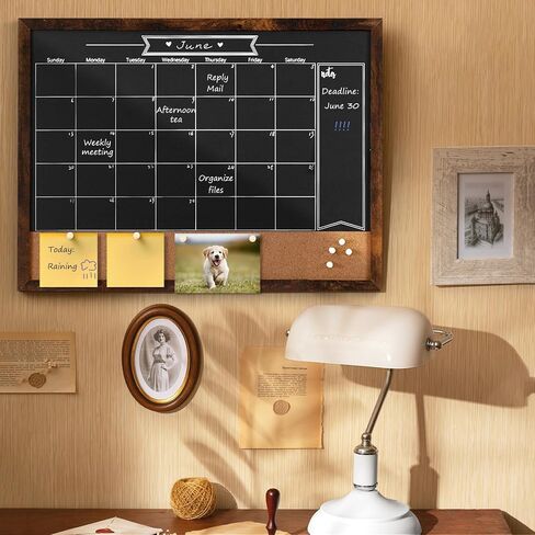 ARCOBIS Chalkboard Calendar with Cork Board, 24x18 Inch Wood Frame Bulletin Board for Wall, Magnetic Chalk Calendar Board with Chalk Markers, Push-Pins and Magnets in Kuwait