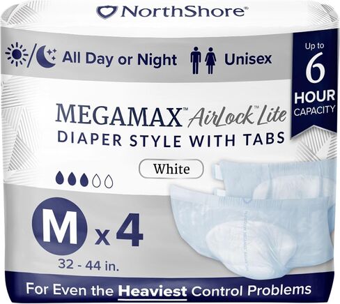 NorthShore MegaMax AirLock Lite Breathable 6-Hour Tab-Style Adult Diapers, Medium, Trial Pack of 4, White, 32-44 inches, Unisex Incontinence Underwear in Saudi Arabia