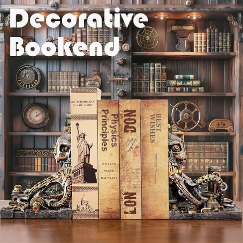 Steampunk Skull Octopus Bookend ، Bookends Fantasy Devinative للكتب الثقيلة ، نهايات الكتب القديمة الفريدة للأرفف ، ديكور الجمجمة. in Kuwait