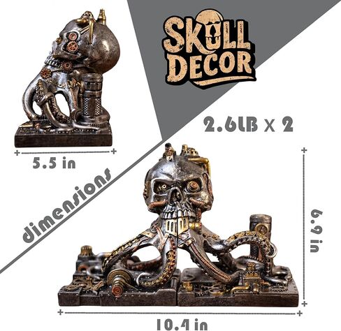 Steampunk Skull Octopus Bookend ، Bookends Fantasy Devinative للكتب الثقيلة ، نهايات الكتب القديمة الفريدة للأرفف ، ديكور الجمجمة. in Kuwait