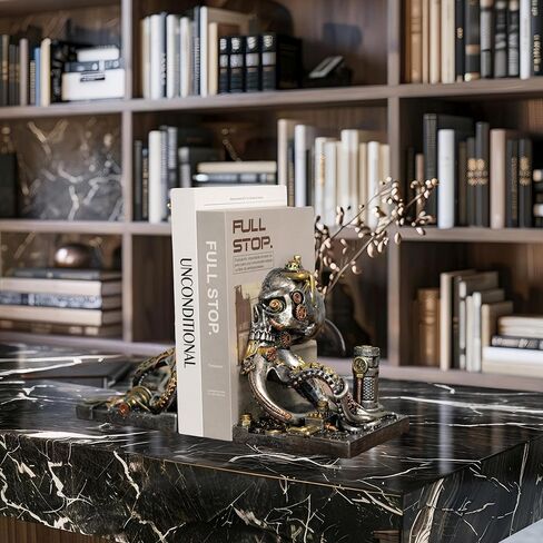 Steampunk Skull Octopus Bookend ، Bookends Fantasy Devinative للكتب الثقيلة ، نهايات الكتب القديمة الفريدة للأرفف ، ديكور الجمجمة. in Kuwait