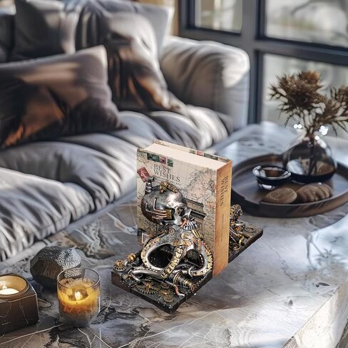 Steampunk Skull Octopus Bookend ، Bookends Fantasy Devinative للكتب الثقيلة ، نهايات الكتب القديمة الفريدة للأرفف ، ديكور الجمجمة. in Kuwait