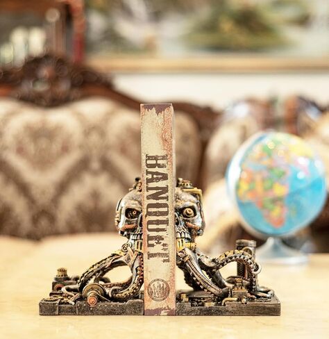 Steampunk Skull Octopus Bookend ، Bookends Fantasy Devinative للكتب الثقيلة ، نهايات الكتب القديمة الفريدة للأرفف ، ديكور الجمجمة. in Kuwait