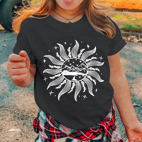 Girls Graphic Tees Cute Girl Shirts Crew Neck Floral Mountain Printed Tshirt Aesthetic Short Sleeve Summer Tops in Saudi Arabia