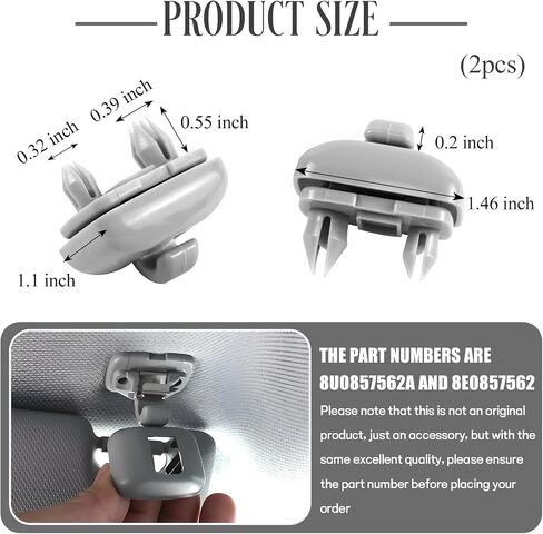 2PCS Inner Sun Visor Clips, 8U0857562A 8E0857562 Car Visor Holder Hook, Upgraded Plastic Interior Visor Hook Clip Replacement Compatible with A1 A3 A4 A5 Q3 Q5 S3 S4 S5 TT (Gray) in Saudi Arabia