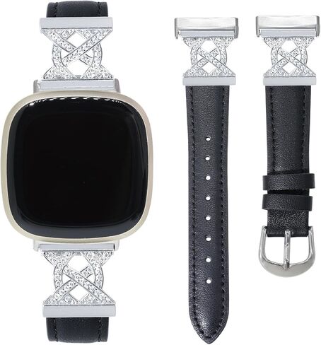 C&L Accessories Bands Compatible with Versa 3/4 Sense/Sense 2 Genuine Leather Slim Thin Dressy Bling Strap with Metal Buckle Charms in Saudi Arabia