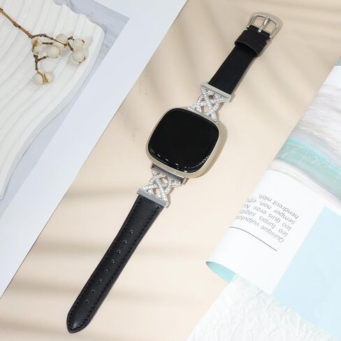 C&L Accessories Bands Compatible with Versa 3/4 Sense/Sense 2 Genuine Leather Slim Thin Dressy Bling Strap with Metal Buckle Charms in Saudi Arabia